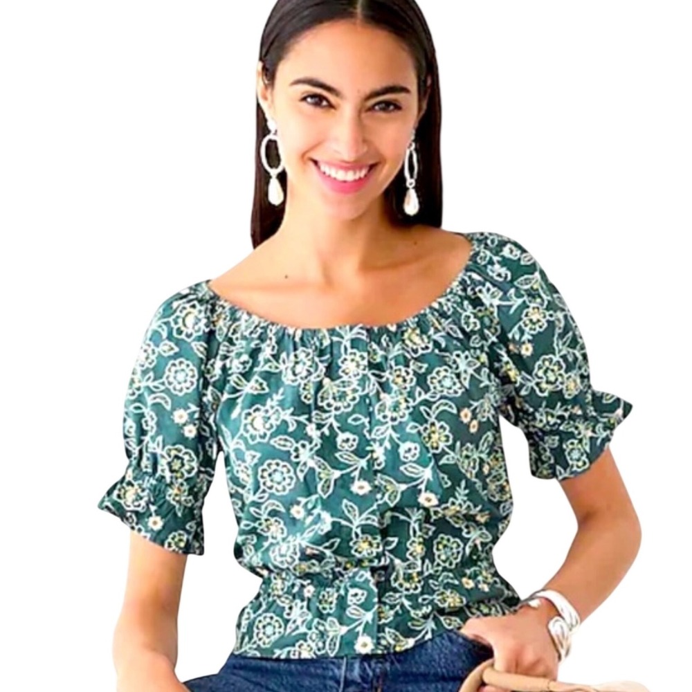 J.Crew Gathered Scoopneck Top XS Vintage Vines Floral Green Cotton Cottagecore